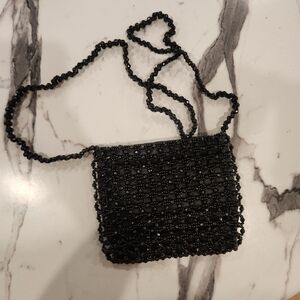 Vintage Black Beaded Evening Shoulder Bag With Chain Strap